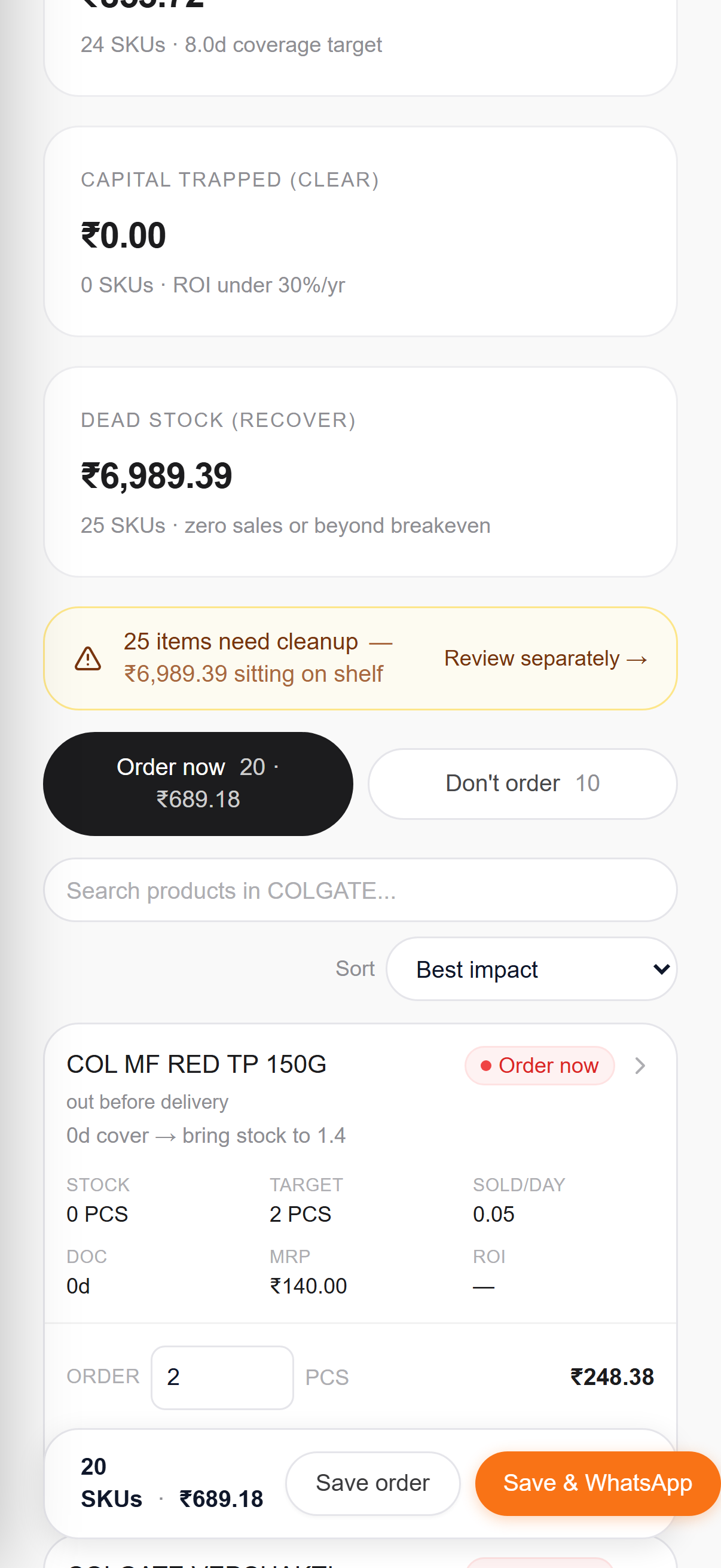 The MarCat reorder planner suggesting quantities for a supplier order